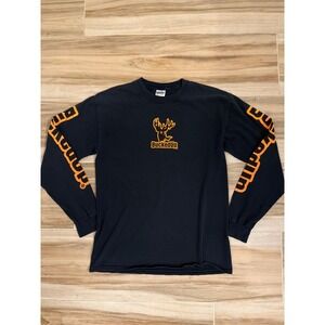 BuckedUp Long Sleeve Shirt Mens Medium Black Orange Deer Logo Graphic Tee Gildan